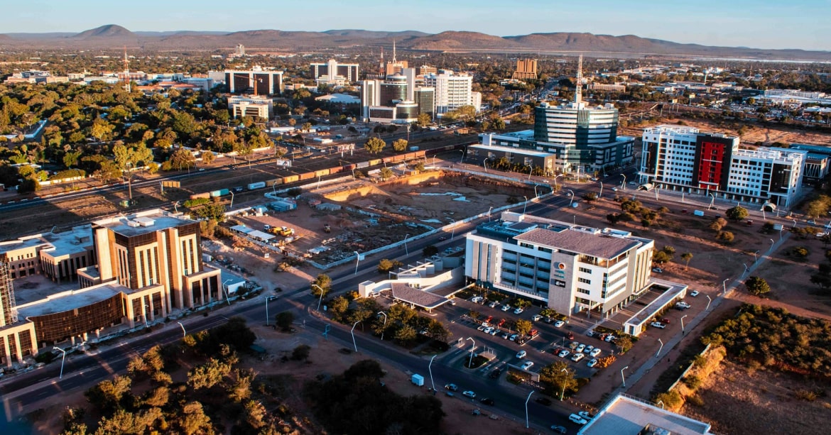 Overview of the Central Business District in Gaborone, the capital city of Botswana.