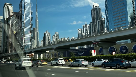 A picture of Dubai sky scrappers with Burj Khalifa in the background