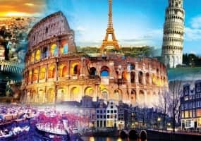 A collage of various European landmarks