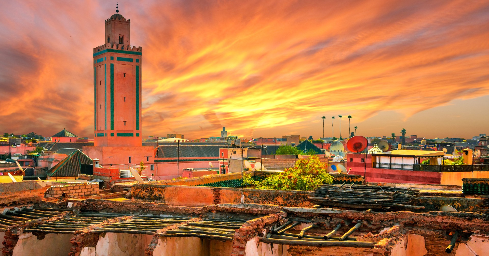 Panoramic sunset view of Marrakech and old medina, Morocco