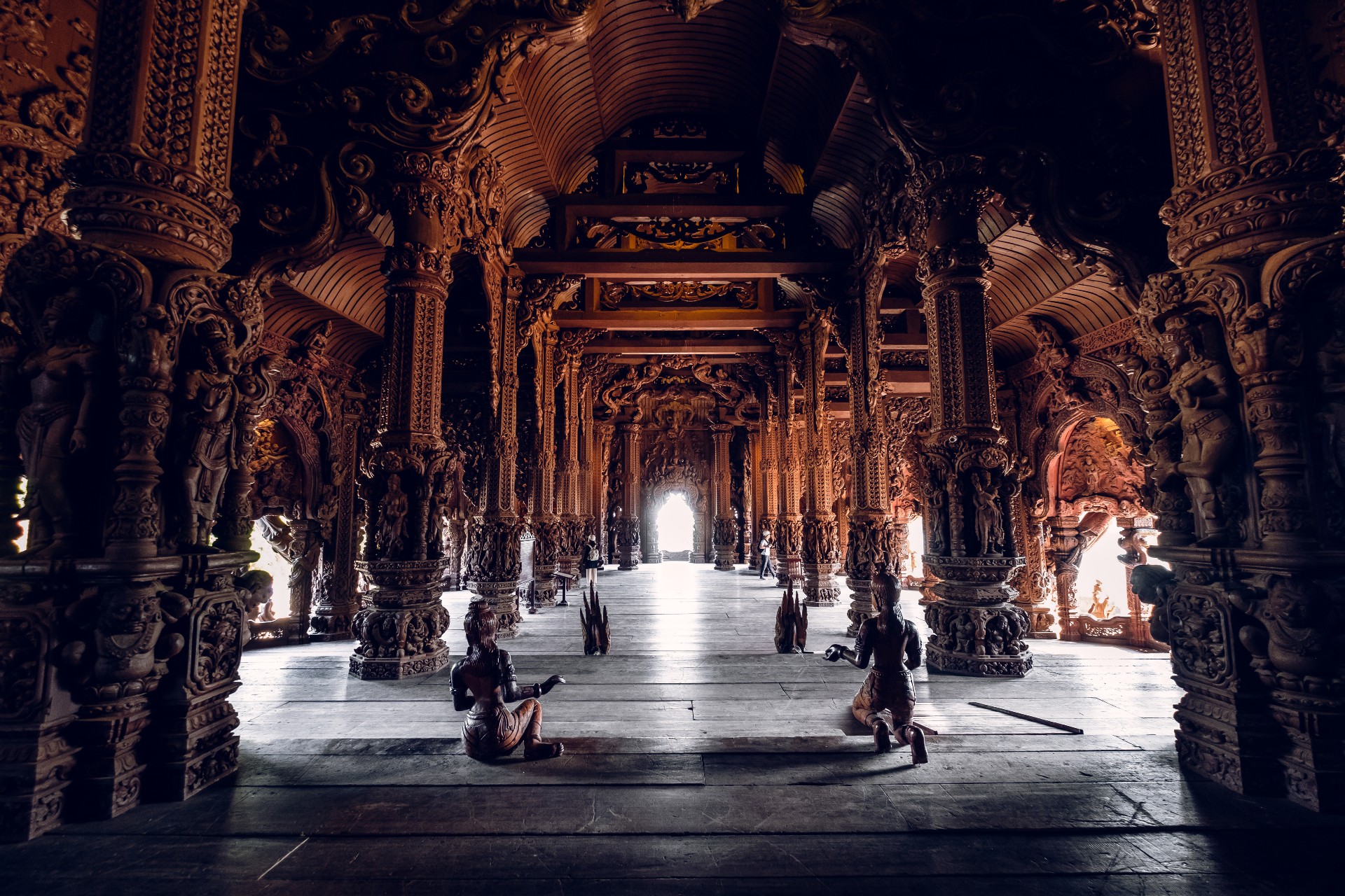 Fragment of the Temple of truth in Pattaya. A huge wooden temple with carved decorations. Buddhist temple. Religious building in Pattaya Tourist attraction of Thailand 