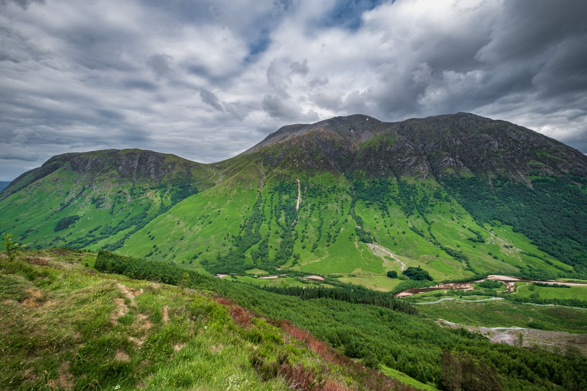 A view of Ben Nevis in Scotland on a stormy day