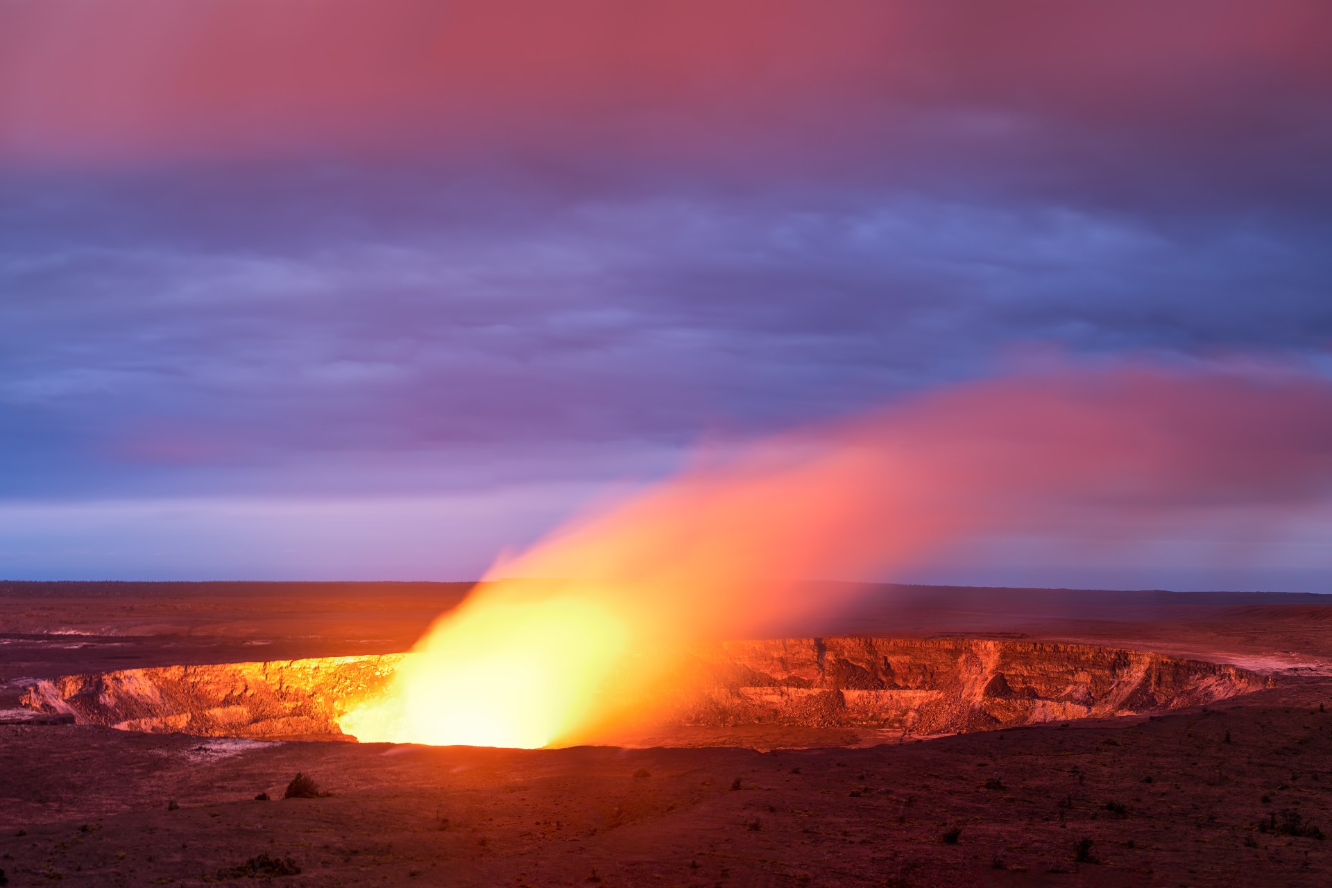 Kilauea volcano crater as it eats at sunset in Hawaii volcano national park, Big Island, Hawaii, USA